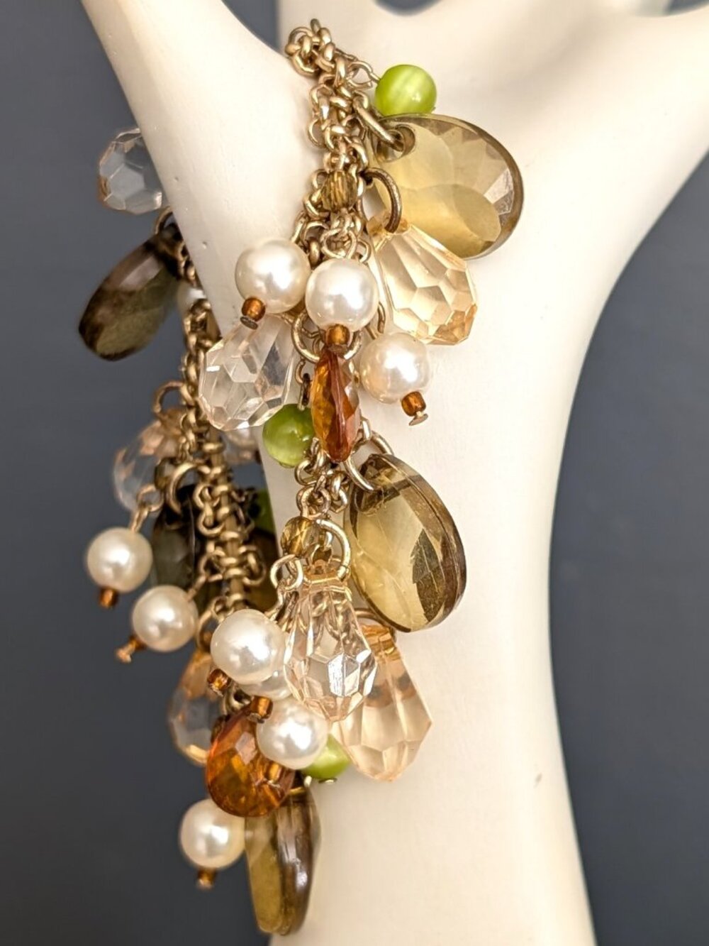 Pale green, orange, faux pearl stretch bracelet